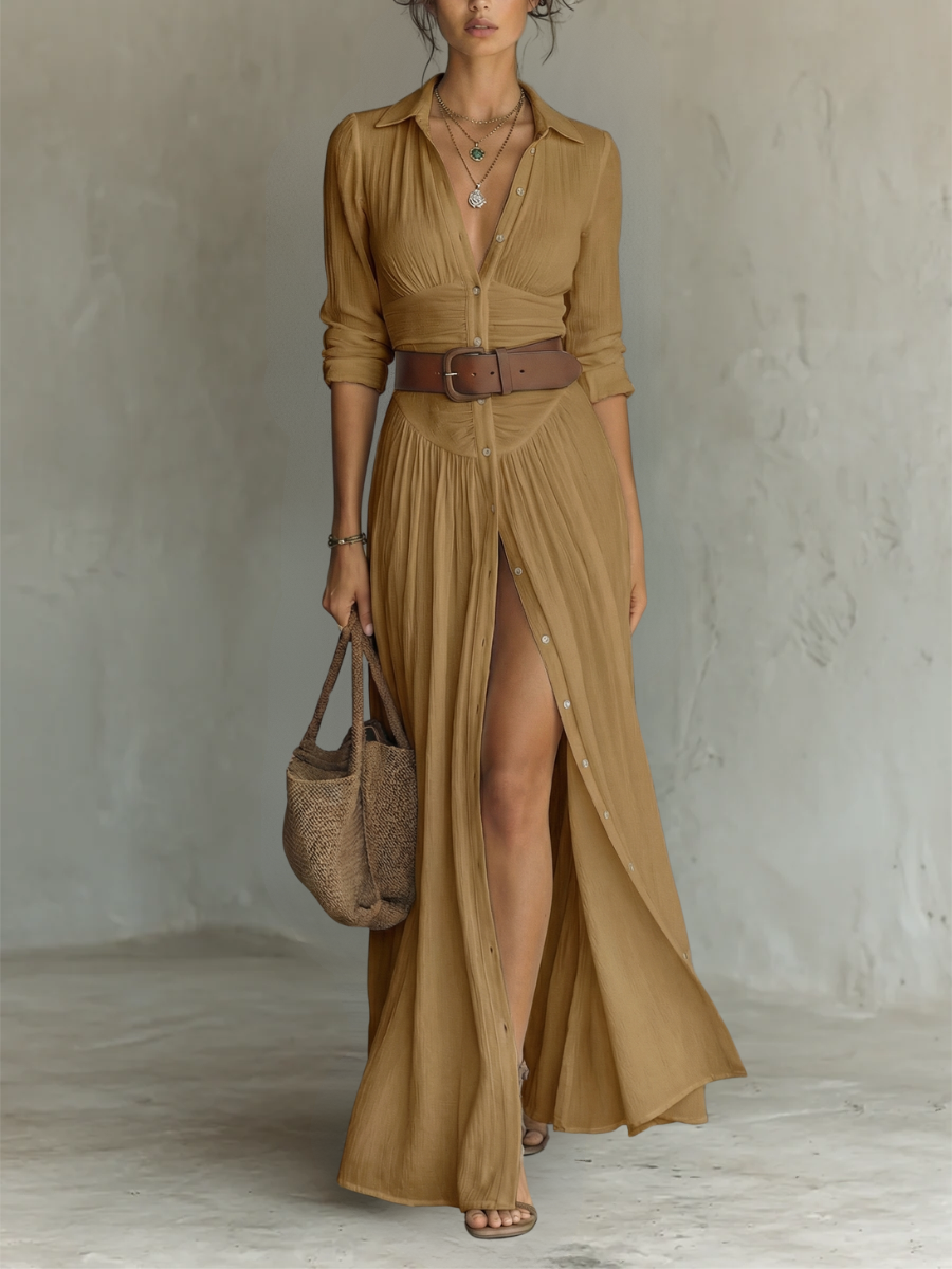 Fiammetta | Vestido largo con cuello de solapa y mangas largas de lino