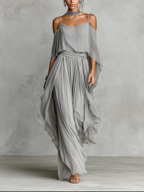 Isabella | Top Gris Fluido y Pantalones de Chiffon • S1