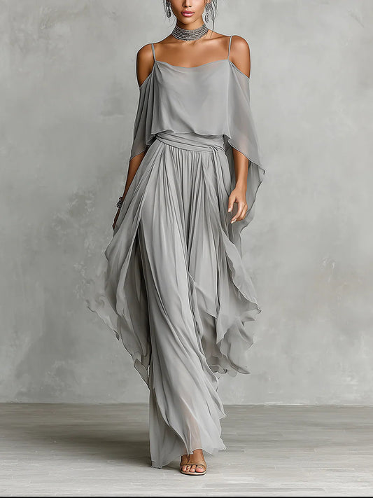 Isabella | Top Gris Fluido y Pantalones de Chiffon • S1