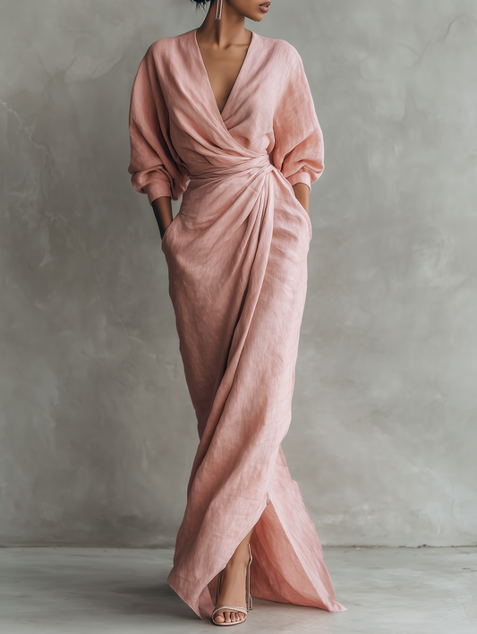 Orlanda | Vestido largo minimalista con escote en V en mezcla de lino
