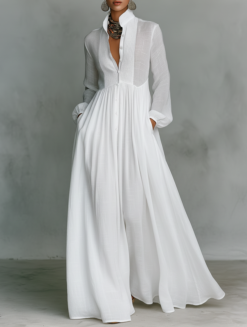 Elisa | Vestido maxi minimalista de algodón y lino con patchwork, cuello alto y mangas largas