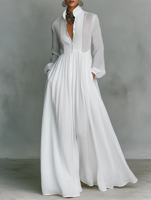 Elisa | Vestido maxi minimalista de algodón y lino con patchwork, cuello alto y mangas largas
