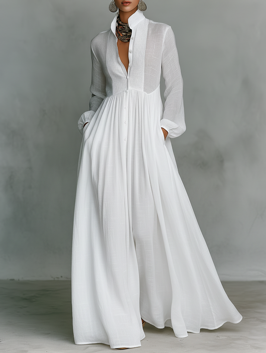 Elisa | Vestido maxi minimalista de algodón y lino con patchwork, cuello alto y mangas largas