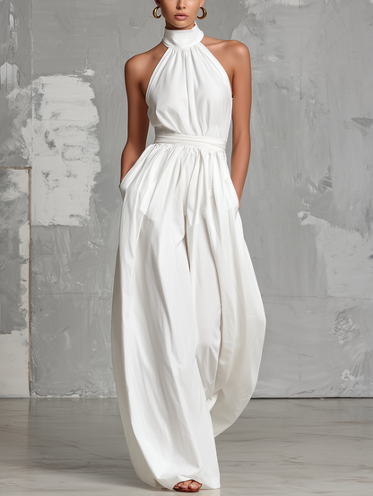 Zoltán | Elegante mono blanco tejido sin mangas con cuello halter • S1