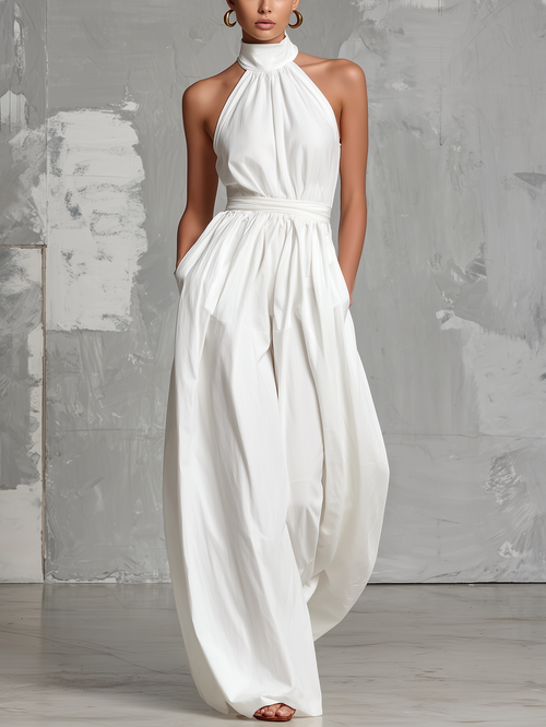 Zoltán | Elegante mono blanco tejido sin mangas con cuello halter • S1