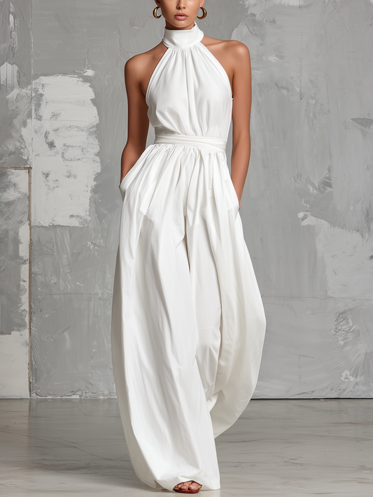 Zoltán | Elegante mono blanco tejido sin mangas con cuello halter • S1