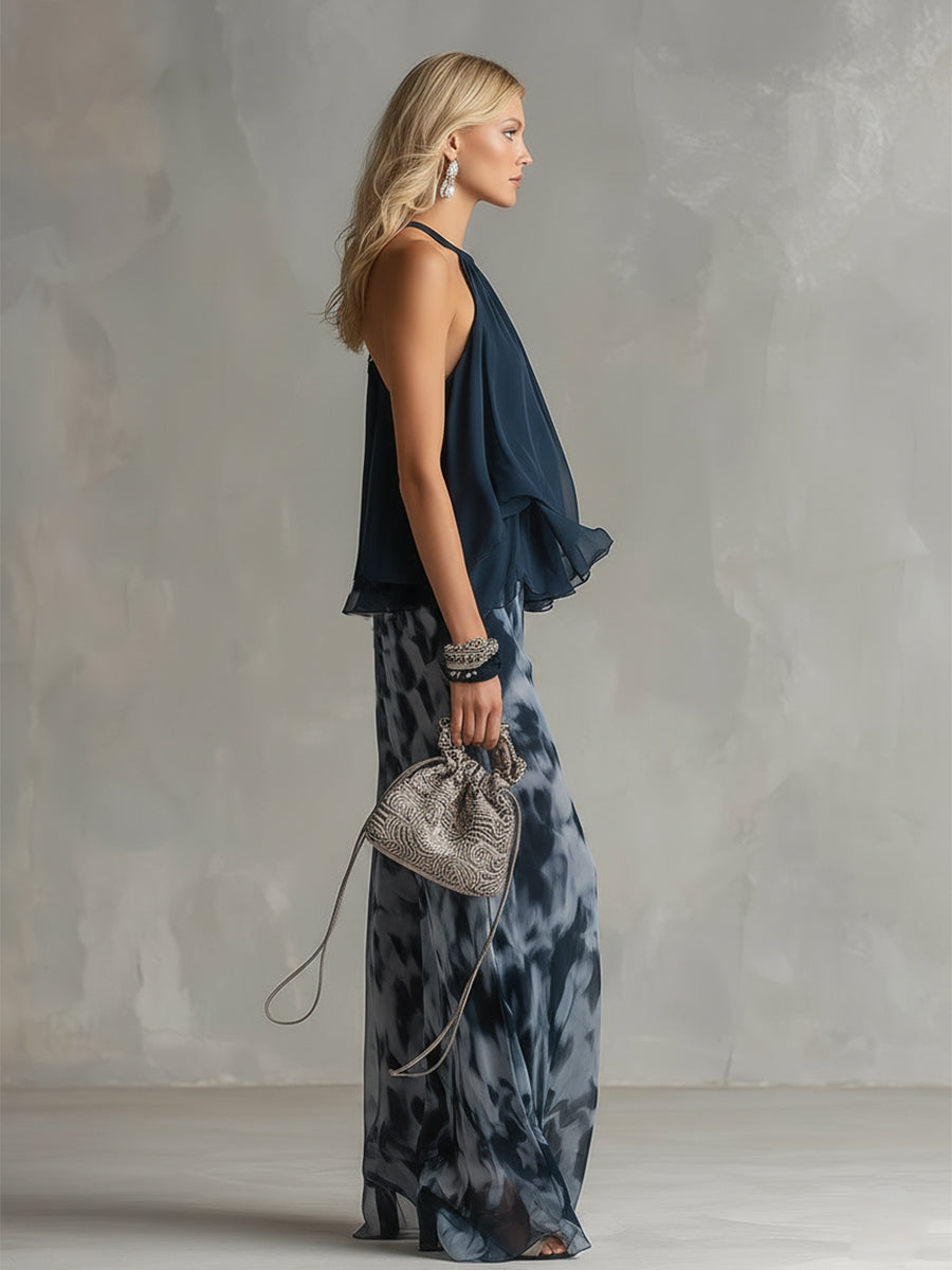 Ludmila | elegante en chiffon con top de cuello alto y pantalones anchos estampados