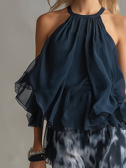 Ludovica – Conjunto de gasa elegante con top de cuello alto y pantalones anchos estampados • S1