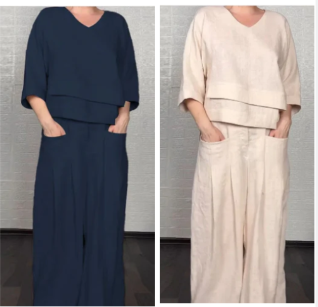 Liza | Conjunto de algodón-lino de 2 piezas – Top de escote en V y pantalones de pierna ancha • S1