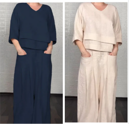 Liza | Conjunto de algodón-lino de 2 piezas – Top de escote en V y pantalones de pierna ancha • S1
