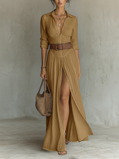 Fiammetta | Vestido largo con cuello de solapa y mangas largas de lino