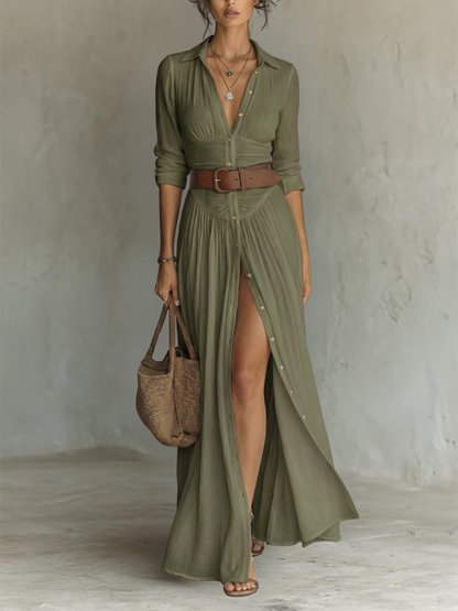 Fiammetta | Vestido largo con cuello de solapa y mangas largas de lino