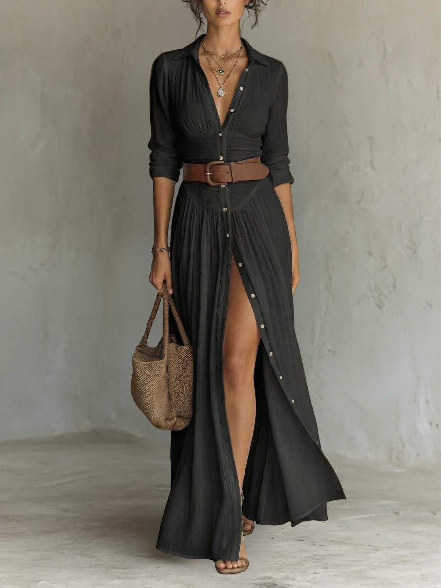 Fiammetta | Vestido largo con cuello de solapa y mangas largas de lino