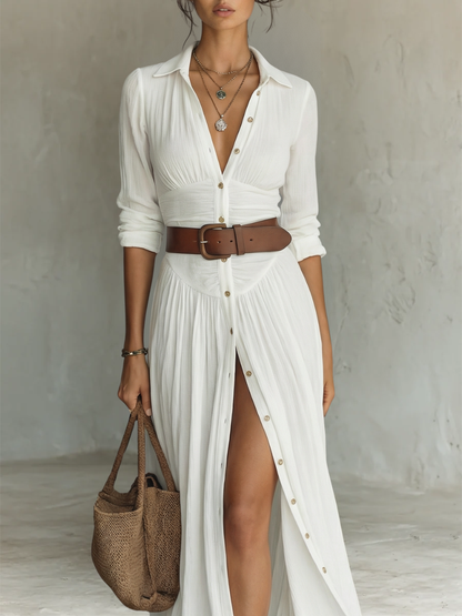 Vestido Maxi Largo con Cuello Cortado y Mangas Largas para Mujeres • S1