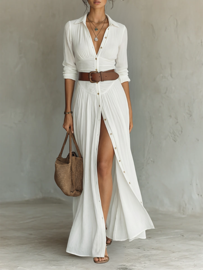 Fiammetta | Vestido largo con cuello de solapa y mangas largas de lino