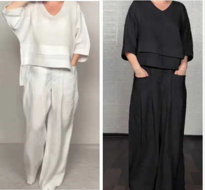 Liza | Conjunto de algodón-lino de 2 piezas – Top de escote en V y pantalones de pierna ancha • S1