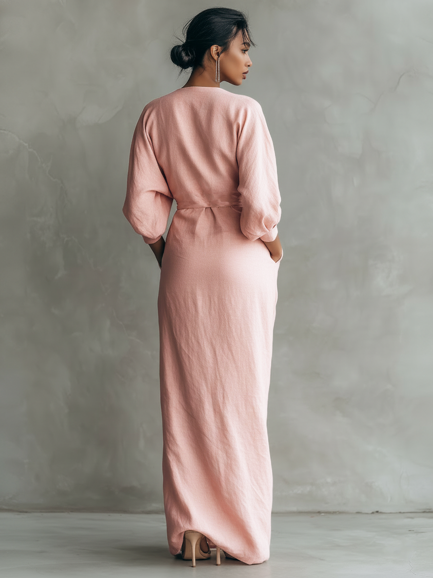 Orlanda | Vestido largo minimalista con escote en V en mezcla de lino