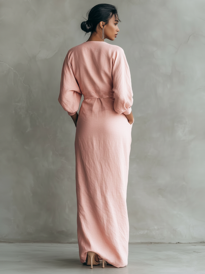 Orlanda | Vestido largo minimalista con escote en V en mezcla de lino