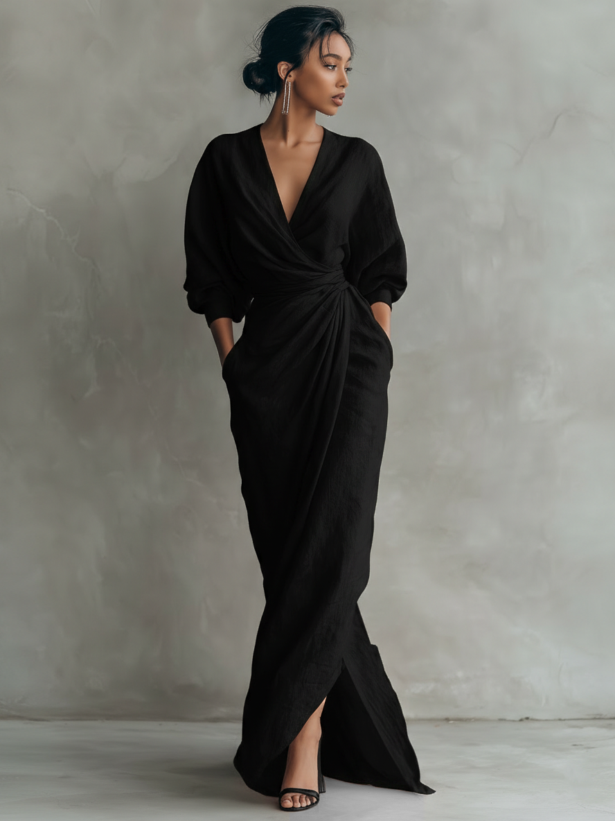 Orlanda | Vestido largo minimalista con escote en V en mezcla de lino