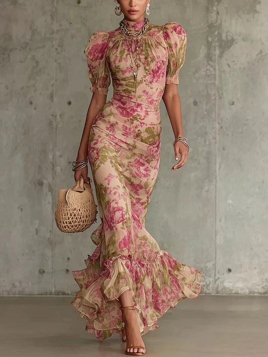 FIORA – Vestido largo con estampado vintage de rosas y mangas abullonadas