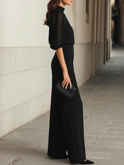 Valentina • Conjunto de tres piezas negro con top de camisón transparente y pantalones de pierna ancha • S1