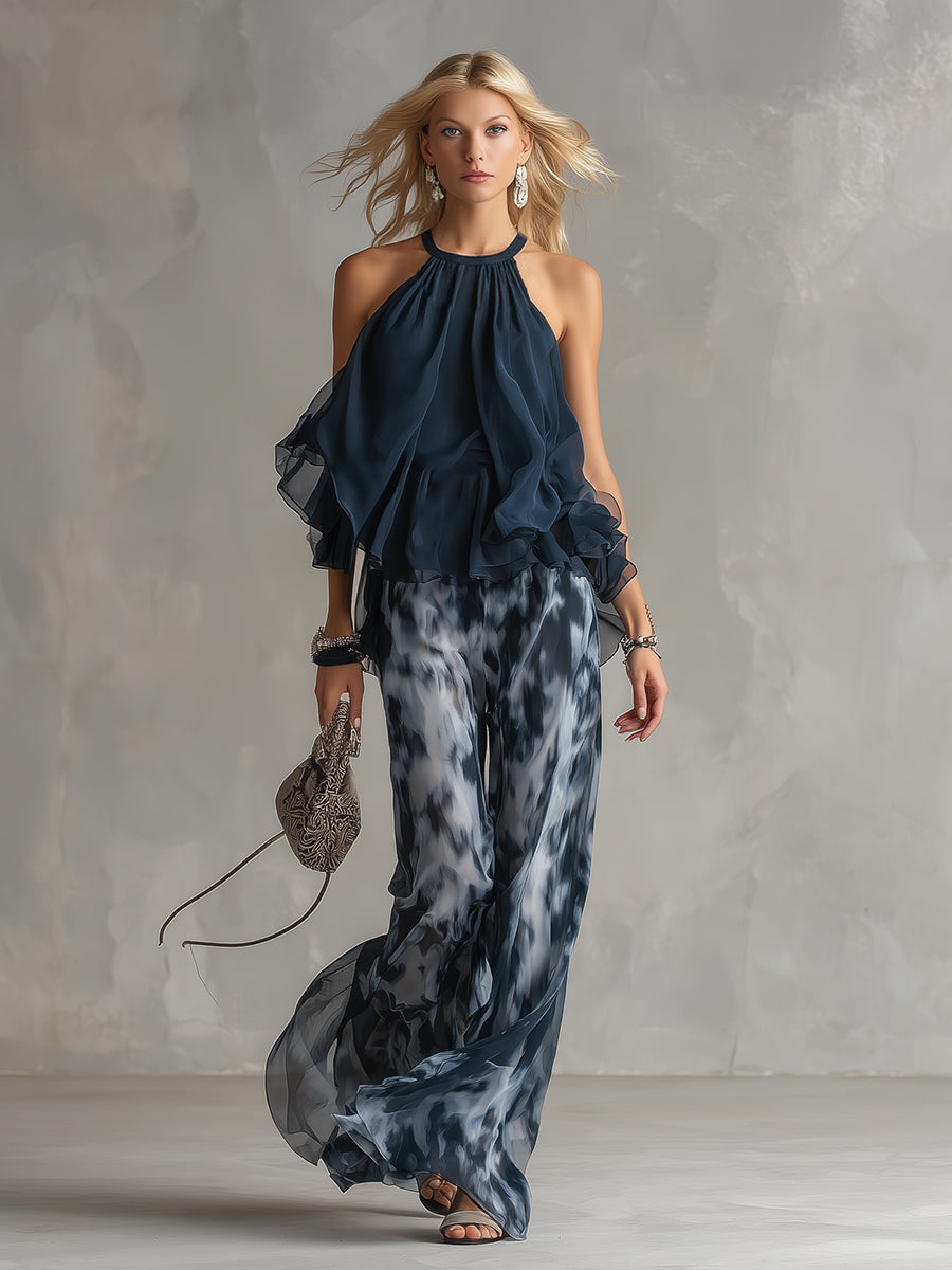 Ludmila | elegante en chiffon con top de cuello alto y pantalones anchos estampados