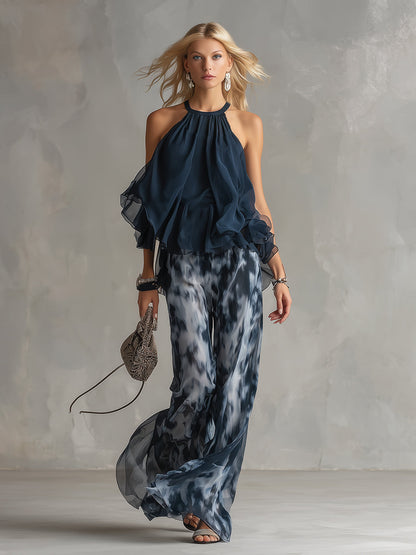 Ludmila | elegante en chiffon con top de cuello alto y pantalones anchos estampados