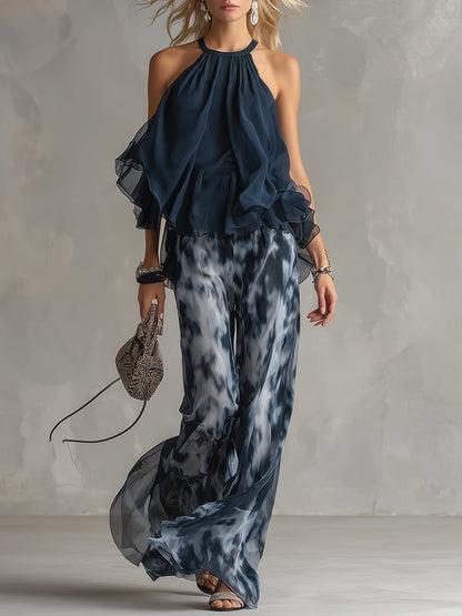 Ludovica – Conjunto de gasa elegante con top de cuello alto y pantalones anchos estampados • S1