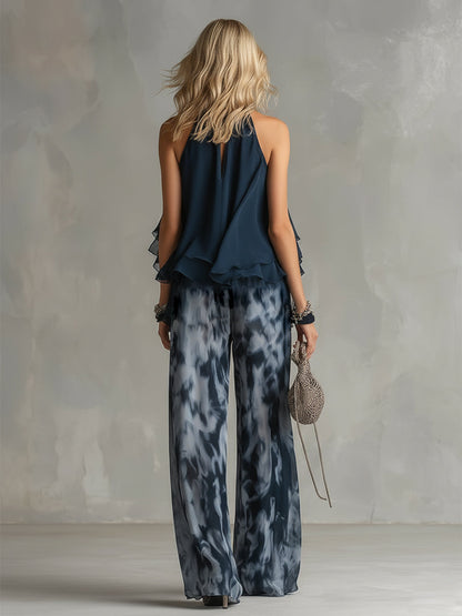 Ludovica – Conjunto de gasa elegante con top de cuello alto y pantalones anchos estampados • S1