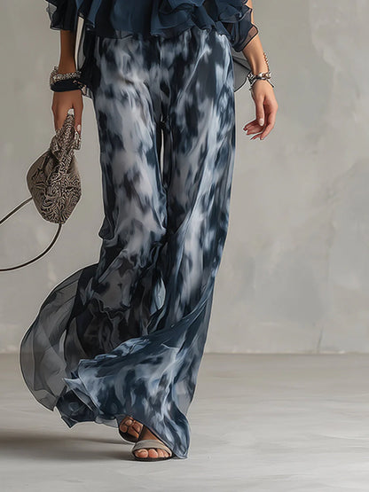 LUDOVICA - Elegante vestido de cuello alto conjuntado con pantalón ancho estampado