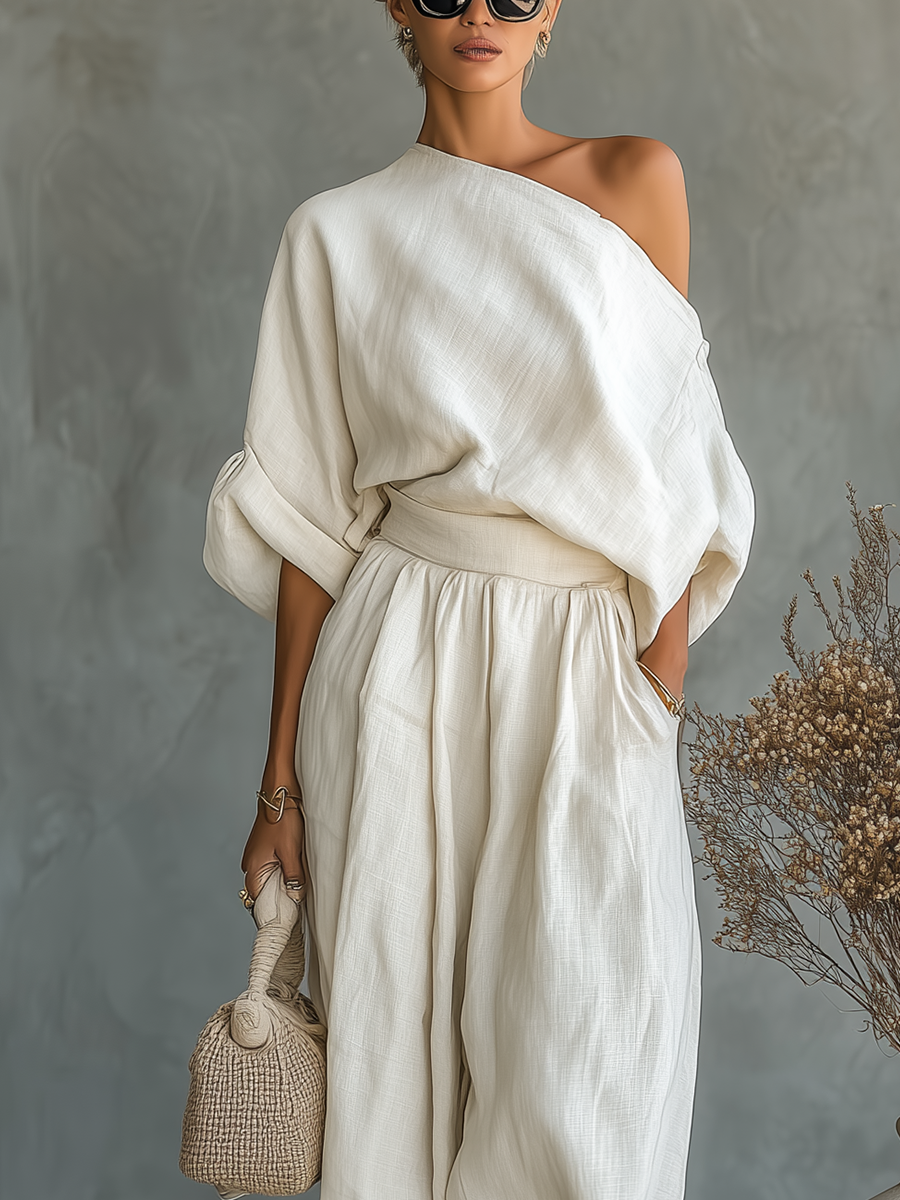 Conjunto de Lino Off-White para Mujeres con Top Off-Shoulder y Pantalones Ajustados • S1