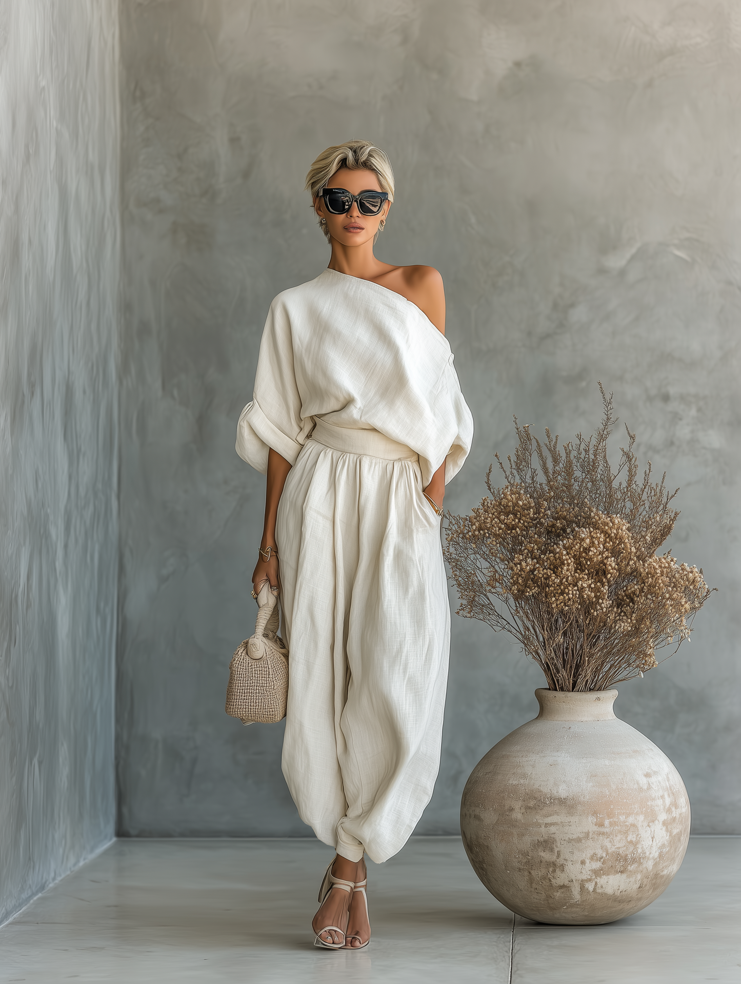 Conjunto de Lino Off-White para Mujeres con Top Off-Shoulder y Pantalones Ajustados • S1