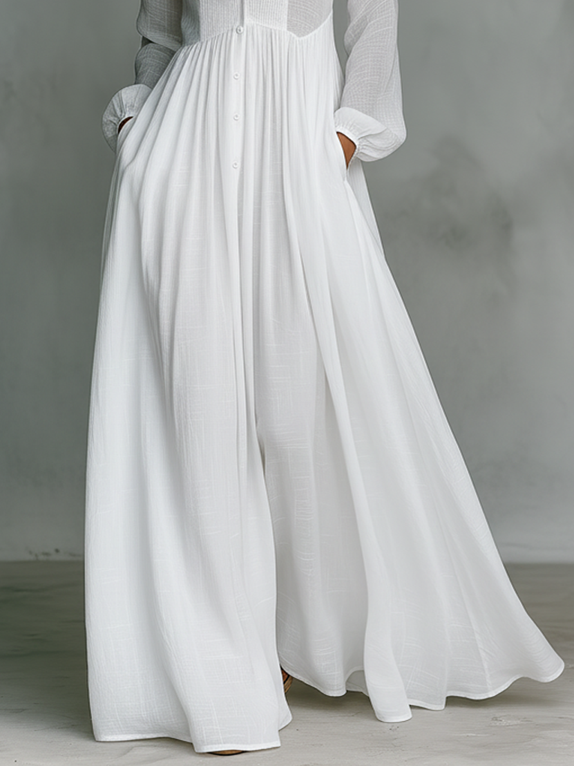 Elisa | Vestido maxi minimalista de algodón y lino con patchwork, cuello alto y mangas largas