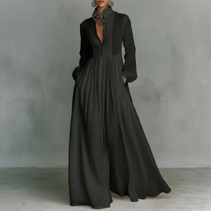 Elisa | Vestido maxi minimalista de algodón y lino con patchwork, cuello alto y mangas largas