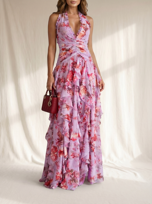 Belladina | Romántica Cascada de Rosas Vestido largo con Escote Americano