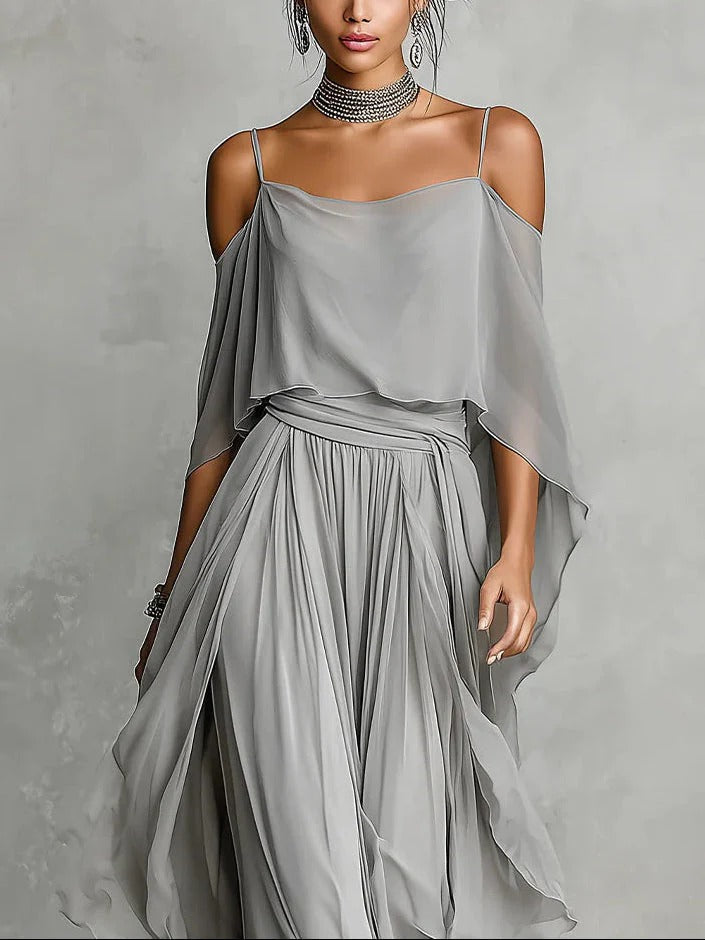 Isabela | Conjunto fluido gris con top de tirantes y pantalones ligeros