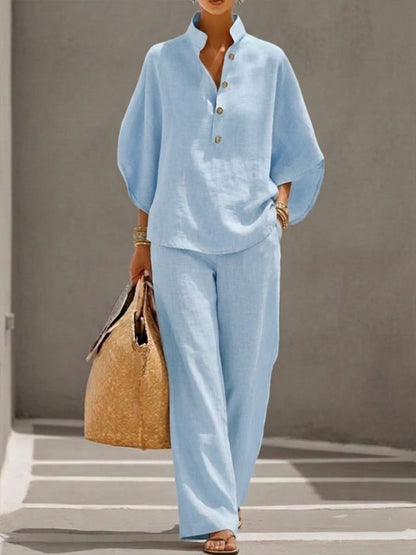Eszter™ – Conjunto de algodón-lino con mangas tipo murciélago y pantalones de pierna ancha • S1