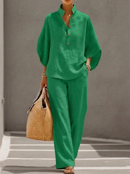 Eszter™ – Conjunto de algodón-lino con mangas tipo murciélago y pantalones de pierna ancha • S1
