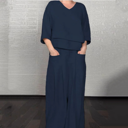 Liza | Conjunto de algodón-lino de 2 piezas – Top de escote en V y pantalones de pierna ancha • S1