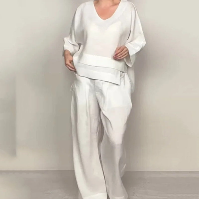 Liza | Conjunto de algodón-lino de 2 piezas – Top de escote en V y pantalones de pierna ancha • S1
