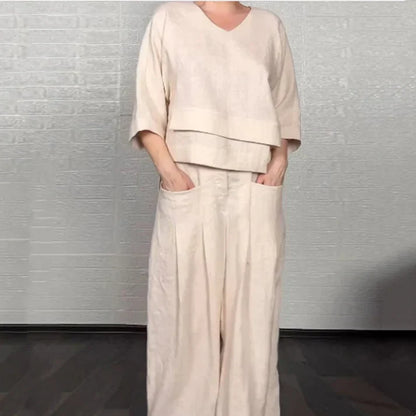 Liza | Conjunto de algodón-lino de 2 piezas – Top de escote en V y pantalones de pierna ancha • S1