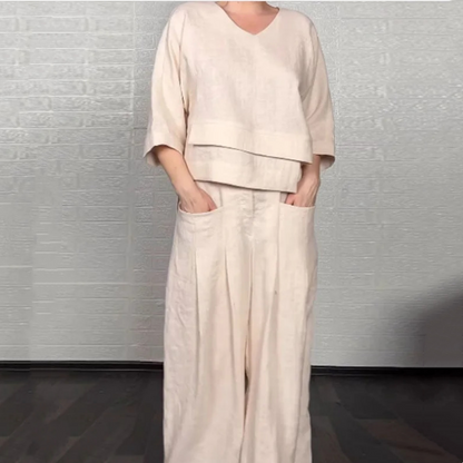 Liza | Conjunto de algodón-lino de 2 piezas – Top de escote en V y pantalones de pierna ancha • S1
