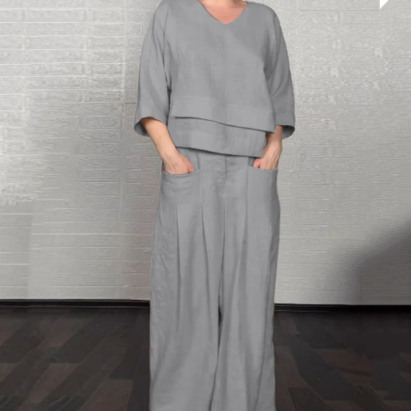Liza | Conjunto de algodón-lino de 2 piezas – Top de escote en V y pantalones de pierna ancha • S1