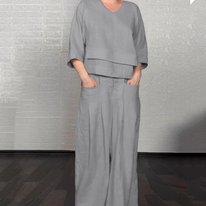 Liza | Conjunto de algodón-lino de 2 piezas – Top de escote en V y pantalones de pierna ancha • S1