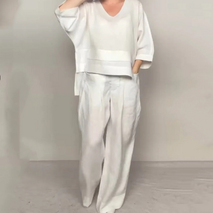 Liza | Conjunto de algodón-lino de 2 piezas – Top de escote en V y pantalones de pierna ancha • S1