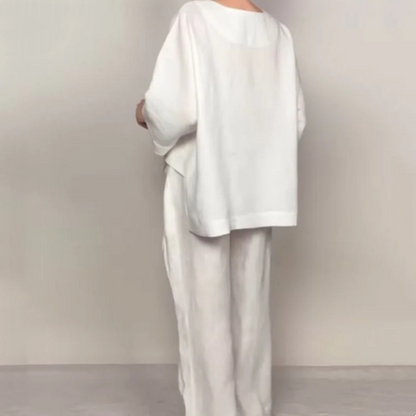 Liza | Conjunto de algodón-lino de 2 piezas – Top de escote en V y pantalones de pierna ancha • S1
