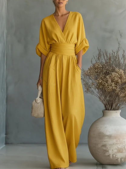 Marie | Mono elegante con escote en V, cintura alta y pierna ancha