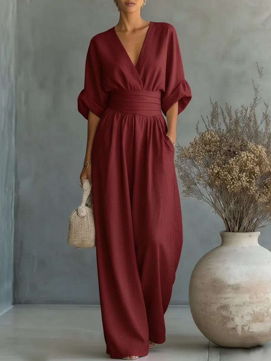 Marie | Mono elegante con escote en V, cintura alta y pierna ancha