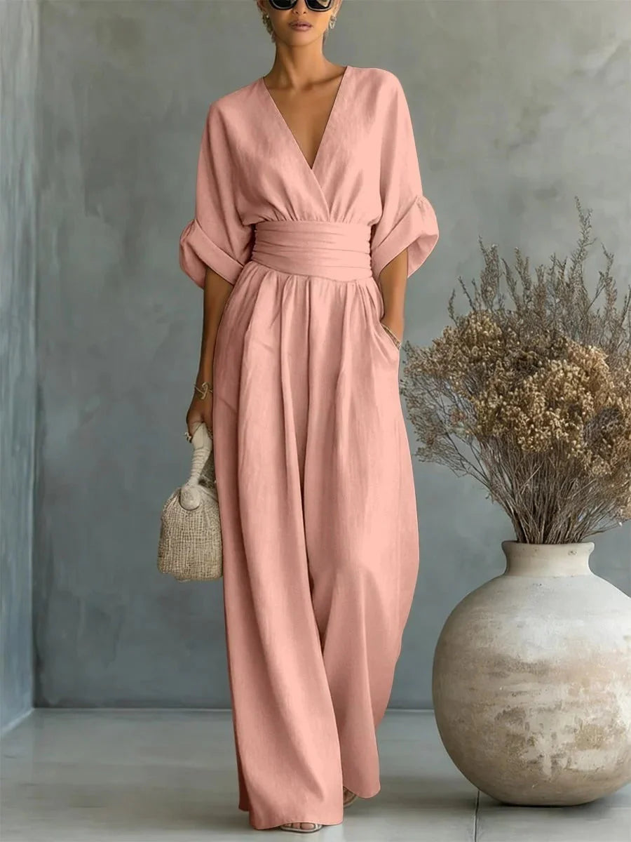 Marie | Mono elegante con escote en V, cintura alta y pierna ancha