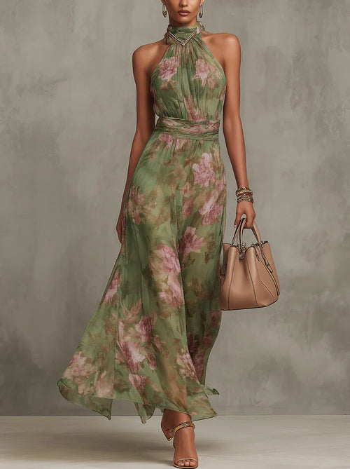 Serena - Vestido largo de gasa verde con estampado floral y escote halter.